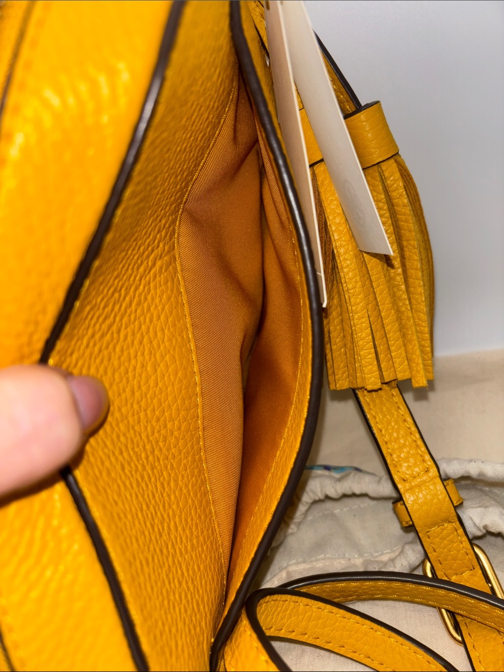 Tory Burch Sunshine Yellow Pebbled Leather Crossbody with Tassel - Picture 6 of 11